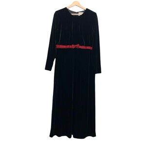 Coldwater Creek Black Velvet Maxi Dress Long Sleeves Red Plaid Accent Medium